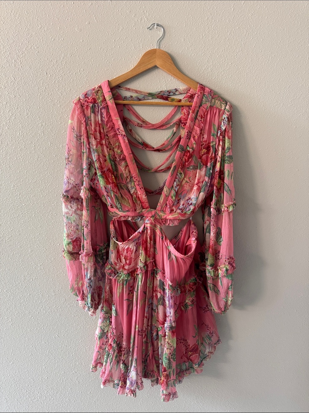 Zimmermann Pink Floral Backless Ladder-Strap Mini Dress